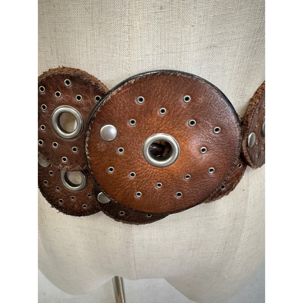 Western boho leather Disc Concho Belt Brown silver grommets SML/MED adjustable - Picture 11 of 16